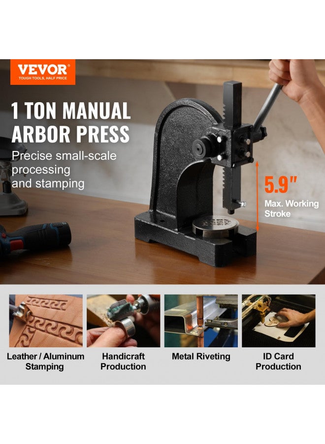 VEVOR VEVOR Arbor Press, 1 Ton Manual Arbor Press, 5.9" Maximum Height, Cast Iron Heavy-duty Manual Desktop Arbor Press, Precision Hand Press for Stamping, Bending, Stretching, Forming  - Image 2