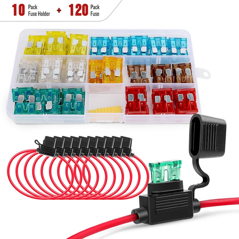 Nilight Nilight - 50029R 120 Pcs Standard Blade Fuse 5A/7.5A/10A/15A/20A/25A/30A AMP Assorted Set with 10 Pack 14AWG ATC/ATO Inline Fuse Holder, 2 Years Warranty, 1 Count (Pack of 10)  - Image 1