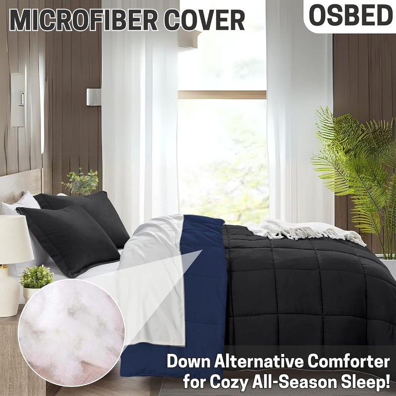 Bed Comforter with Lightweight & Soft Down Alternative | Reversible Cooling Comforter for bedding Duvet Inserts for All Seasons with Washable Microfiber Quilt (Black/Navy, 135 x 200cm) - Image 3
