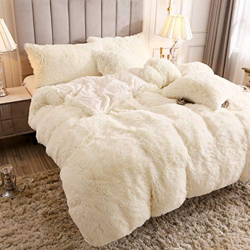 Uhamho Faux Fur Velvet Fluffy Bedding Duvet Cover Set Down Comforter Quilt Cover with Pillow Shams, Ultra Soft Warm (King, Cream) - Image 3