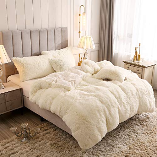 Uhamho Faux Fur Velvet Fluffy Bedding Duvet Cover Set Down Comforter Quilt Cover with Pillow Shams, Ultra Soft Warm (King, Cream) - Image 2