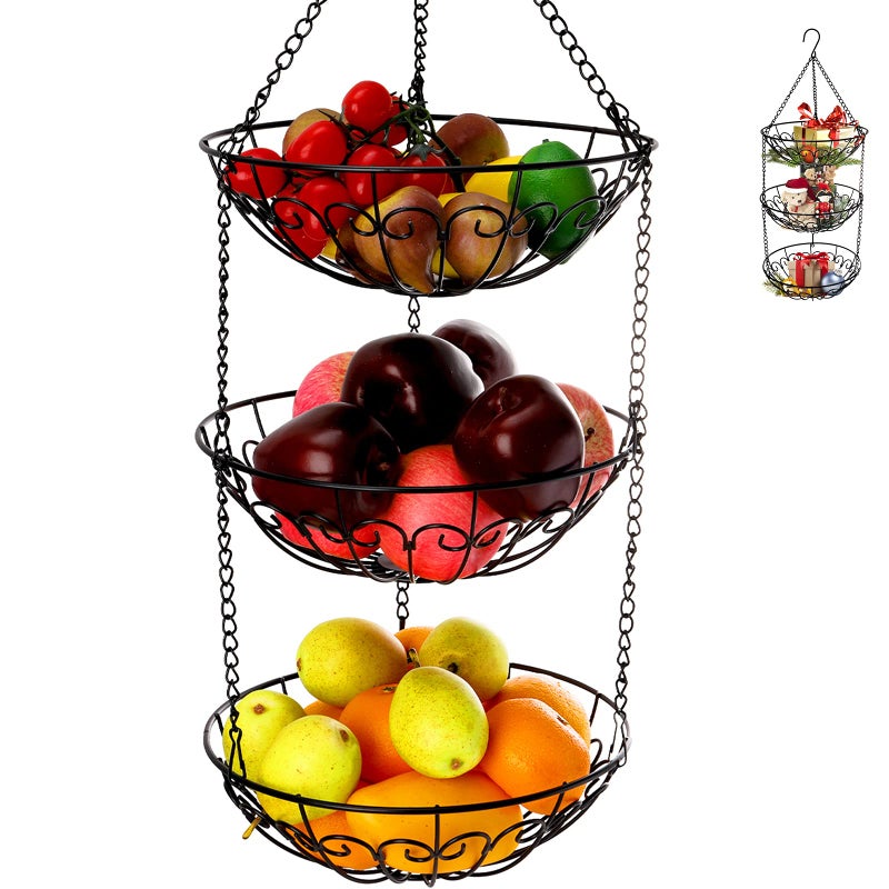 Dicunoy 3Tier Hanging Fruit Basket Heavy Duty Wire Baskets for Kitchen Rustic Hanging Veggie Rack Metal Fruit Holder with Hook Storage for Potatoes Onions Oranges Bananas Limes Lemons