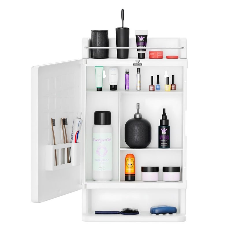 Well Set خزانة حمام بيضاء بتصميم أنيق مع مرآة - منظم تخزين قوي من البلاستيك - رفوف حمام مثبتة على الحائط - ملحقات حمام - خزانة مرآة مصنوعة في الهند - Image 2