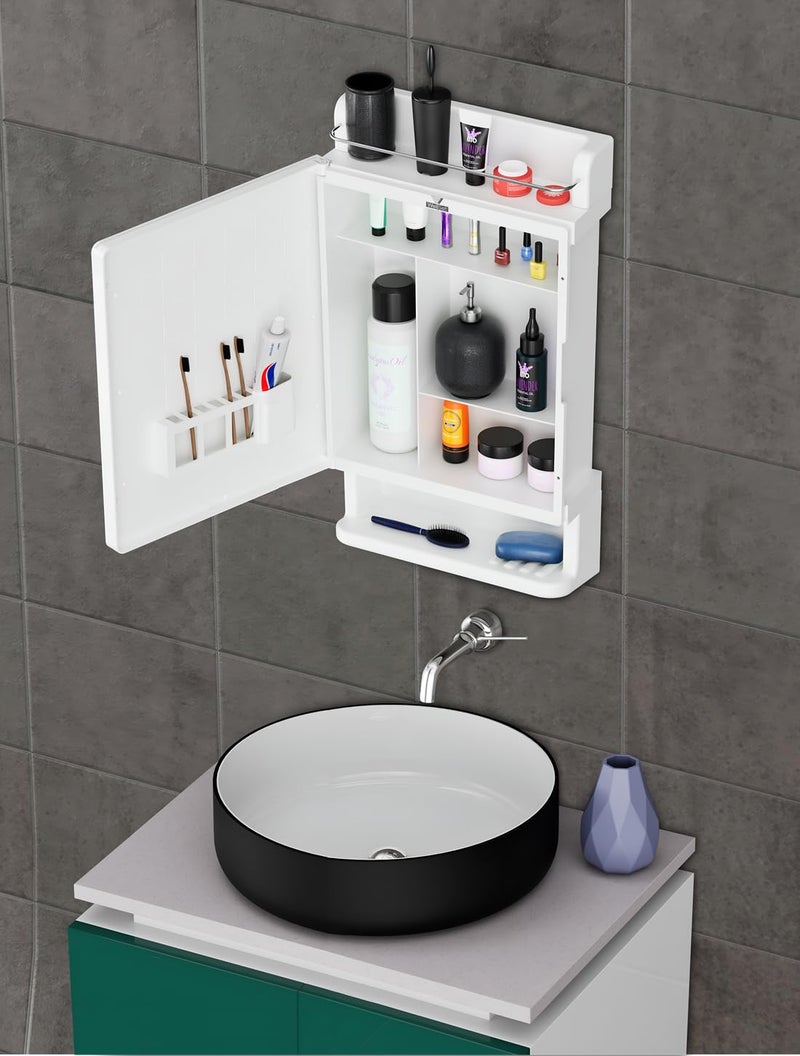 Well Set خزانة حمام بيضاء بتصميم أنيق مع مرآة - منظم تخزين قوي من البلاستيك - رفوف حمام مثبتة على الحائط - ملحقات حمام - خزانة مرآة مصنوعة في الهند - Image 1