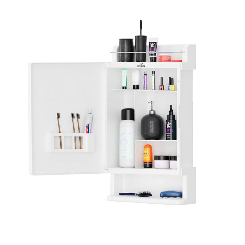 Well Set خزانة حمام بيضاء بتصميم أنيق مع مرآة - منظم تخزين قوي من البلاستيك - رفوف حمام مثبتة على الحائط - ملحقات حمام - خزانة مرآة مصنوعة في الهند - Image 4