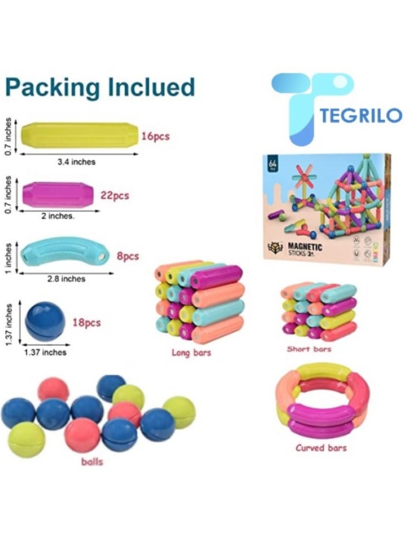TEGRILO 64 PCS Magnetic Building Blocks Toy. Stacking Stick Rods and Ball Educational Construction Puzzle for Kids  - Image 2