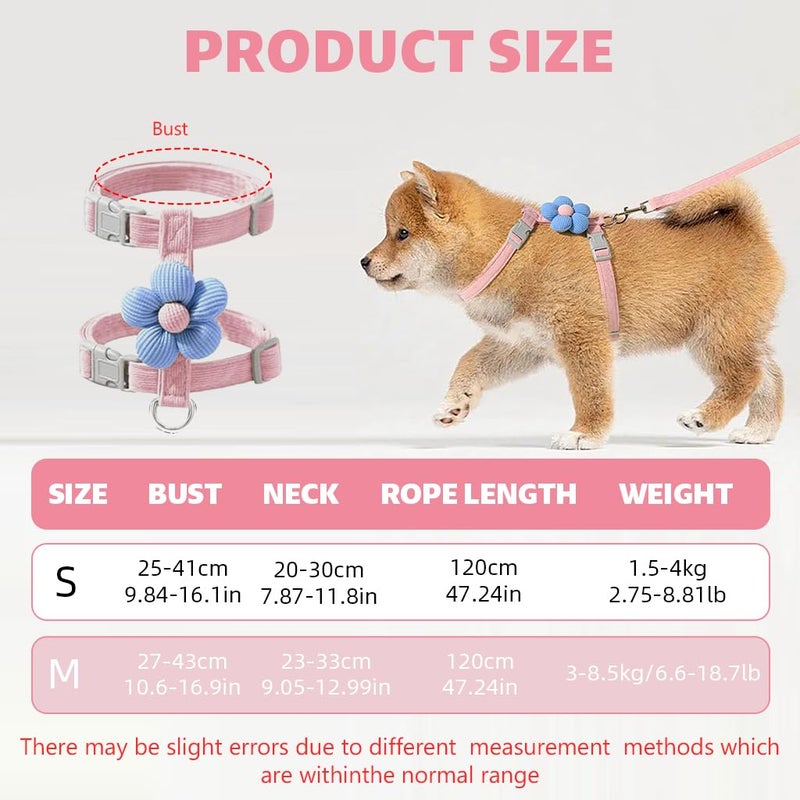 Qpets® Harness قطة مع حزام، مجموعة Harness وحزام لقطة صغيرة مع مشبك إطلاق سريع، حزام حيوانات أليفة صغير مضاد للهروب مزين بزهور لطيفة للمشي والسفر في الهواء الطلق (M، محيط الصدر 27-43 سم، محيط الرقبة 23-33 سم) - Image 2