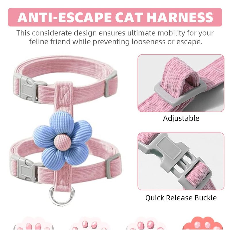 Qpets® Harness قطة مع حزام، مجموعة Harness وحزام لقطة صغيرة مع مشبك إطلاق سريع، حزام حيوانات أليفة صغير مضاد للهروب مزين بزهور لطيفة للمشي والسفر في الهواء الطلق (M، محيط الصدر 27-43 سم، محيط الرقبة 23-33 سم) - Image 5