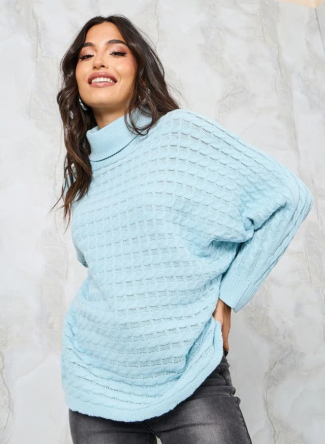 Styli Oversized Textured High Neck Batwing Sleeve Sweater