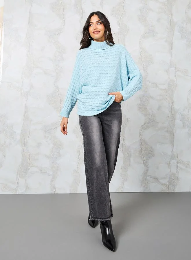 Styli Oversized Textured High Neck Batwing Sleeve Sweater
