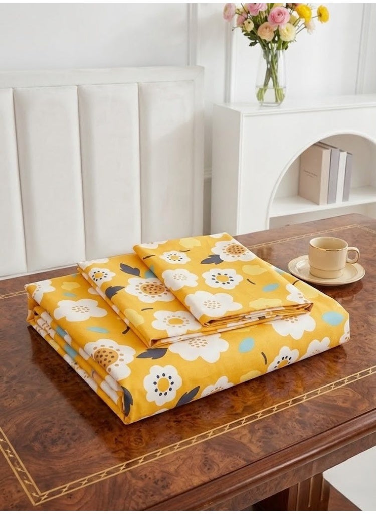 3-Piece 150 GSM Microfiber King Size Bed Sheet Set - Vibrant Sunlit Yellow Blossom Print, Includes 1 Flat Sheet (270x250 CM) & 2 Pillowcases (50x75 CM) - Image 3