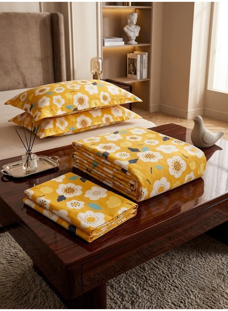 3-Piece 150 GSM Microfiber King Size Bed Sheet Set - Vibrant Sunlit Yellow Blossom Print, Includes 1 Flat Sheet (270x250 CM) & 2 Pillowcases (50x75 CM) - Image 5