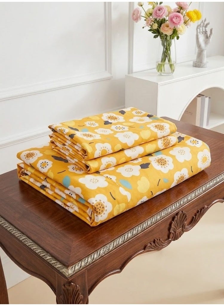 3-Piece 150 GSM Microfiber King Size Bed Sheet Set - Vibrant Sunlit Yellow Blossom Print, Includes 1 Flat Sheet (270x250 CM) & 2 Pillowcases (50x75 CM) - Image 2
