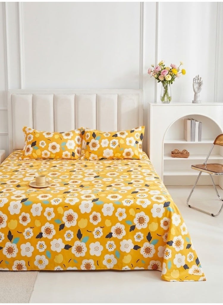3-Piece 150 GSM Microfiber King Size Bed Sheet Set - Vibrant Sunlit Yellow Blossom Print, Includes 1 Flat Sheet (270x250 CM) & 2 Pillowcases (50x75 CM) - Image 1
