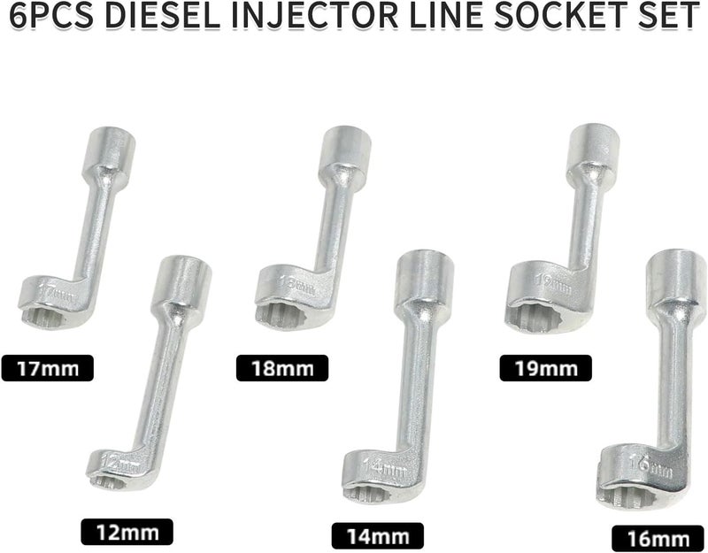 DPTOOL Diesel Injector Line Socket Wrench Set 8pc 12pt L-Type Fuel Line Socket Set 12mm 14mm 16mm 17mm 18mm 19mm 1/2" Dr Slotted Socket for Removal and Installing Fuel Injector Line Fittings - Image 2