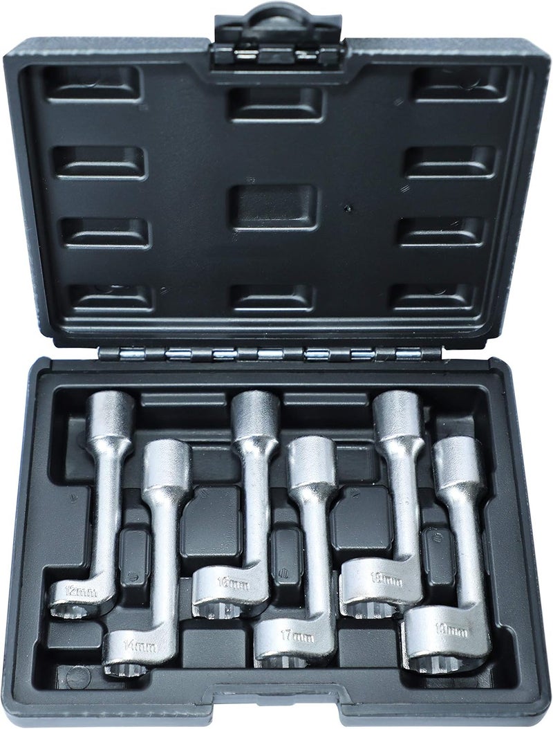 DPTOOL Diesel Injector Line Socket Wrench Set 8pc 12pt L-Type Fuel Line Socket Set 12mm 14mm 16mm 17mm 18mm 19mm 1/2" Dr Slotted Socket for Removal and Installing Fuel Injector Line Fittings - Image 1