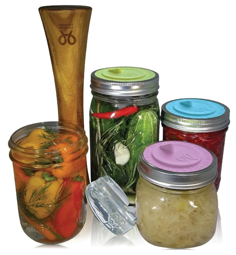 Canning kit Complete DIY fermentation kit for wide mouth mason jars or pickling jars for 7 sets Glass weights tamper airlock lids and recipe included