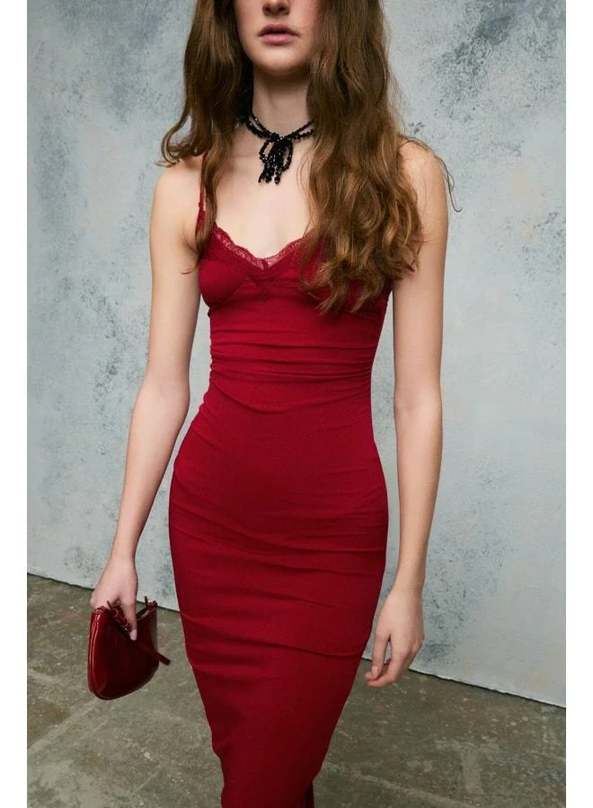 GRIMELANGE HUNKEL Women's Soft and Flexible Fabric Lace-Detail Strappy Long Red Dress.