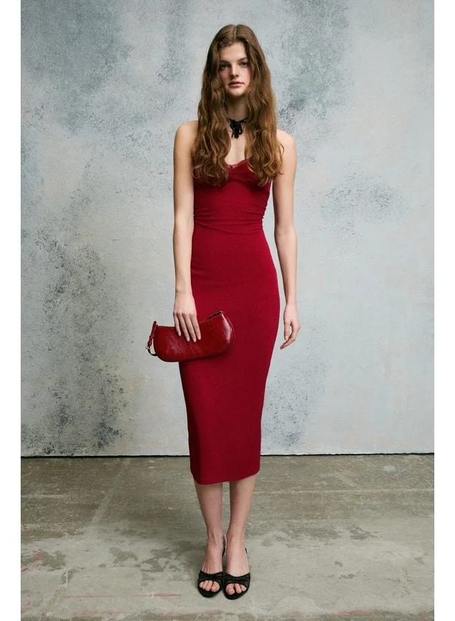 GRIMELANGE HUNKEL Women's Soft and Flexible Fabric Lace-Detail Strappy Long Red Dress.