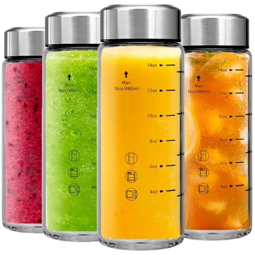 chunmo Glass Juice Bottles 4 Pack 16 oz Wide Mouth Glass Water Bottles with Lids BorosilicateStainless Steel Lids for Juicing Smoothies Infused Water Beverage Storage Leakproof ReusableBPA Free - Image 1