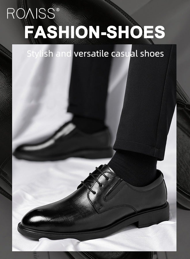 roaiss Formal Business Leather Shoes for Men 6cm Height Increase Shoes High Fashion Textures Soft Sole Comfort Wedding Groom Shoes Mens Round Toe Low Top Lace up Front Anti Slip Wear Resistant Work Shoes Black  - Image 2