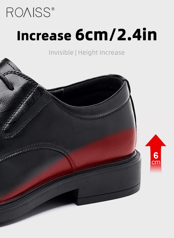 roaiss Formal Business Leather Shoes for Men 6cm Height Increase Shoes High Fashion Textures Soft Sole Comfort Wedding Groom Shoes Mens Round Toe Low Top Lace up Front Anti Slip Wear Resistant Work Shoes Black  - Image 3