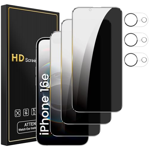 Romkasi 3 Pack Privacy Screen Protector for iPhone 16e 61 Inch with 3 Pack Camera Lens Protector Anti Spy Tempered Glass Film AntiScratch Touch Sensitive Case Friendly - Image 1