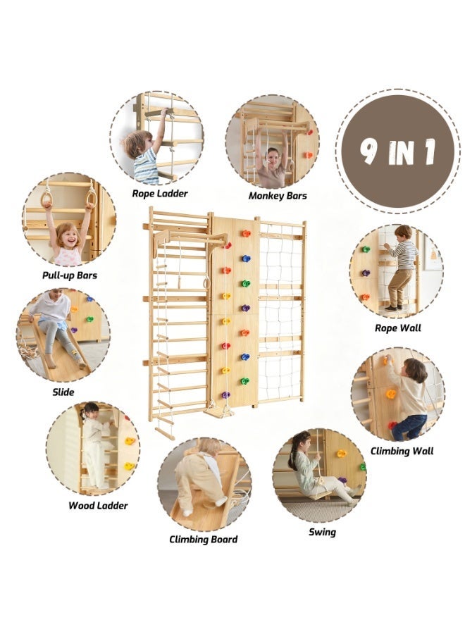MaBaby Wooden Swedish Ladder Wall Set, 9-in-1 Indoor Jungle Gym for Kids & Adults, Montessori Climbing Frame with Rock Climbing Wall, Rope Ladder, Gymnastic Rings, Climbing Net, Swing, Sturdy Wooden Stall Bar Home Gym Playground Equipment for Toddlers & Teens - Image 2
