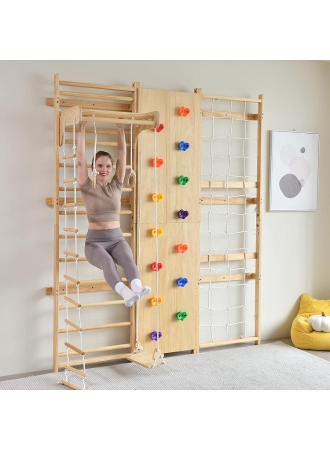 MaBaby Wooden Swedish Ladder Wall Set, 9-in-1 Indoor Jungle Gym for Kids & Adults, Montessori Climbing Frame with Rock Climbing Wall, Rope Ladder, Gymnastic Rings, Climbing Net, Swing, Sturdy Wooden Stall Bar Home Gym Playground Equipment for Toddlers & Teens - Image 1
