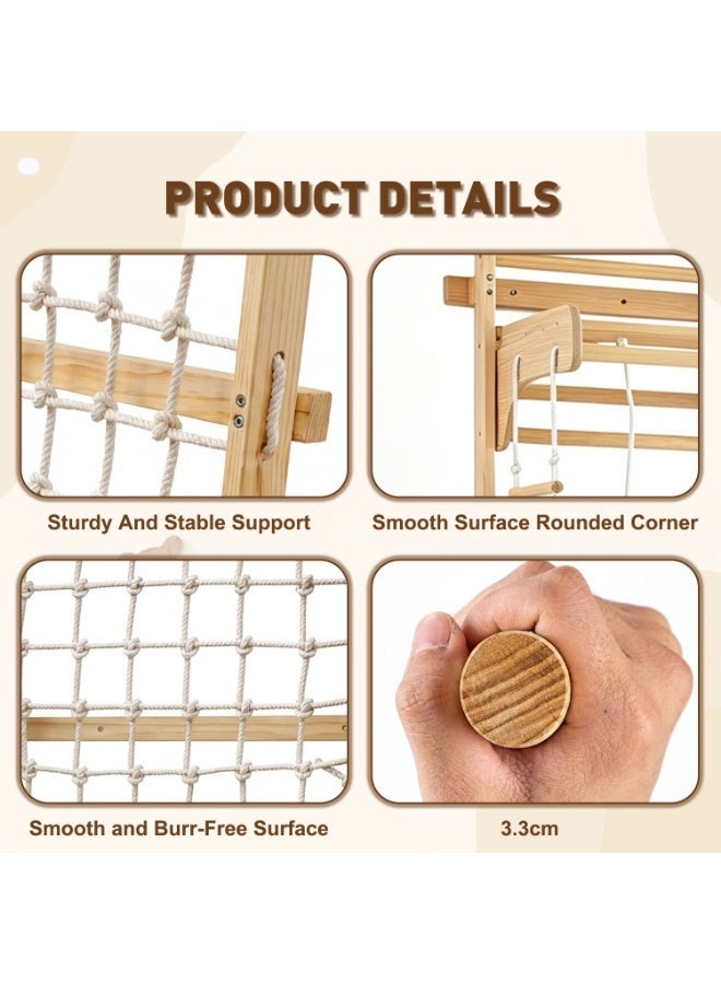 MaBaby Wooden Swedish Ladder Wall Set, 9-in-1 Indoor Jungle Gym for Kids & Adults, Montessori Climbing Frame with Rock Climbing Wall, Rope Ladder, Gymnastic Rings, Climbing Net, Swing, Sturdy Wooden Stall Bar Home Gym Playground Equipment for Toddlers & Teens - Image 4