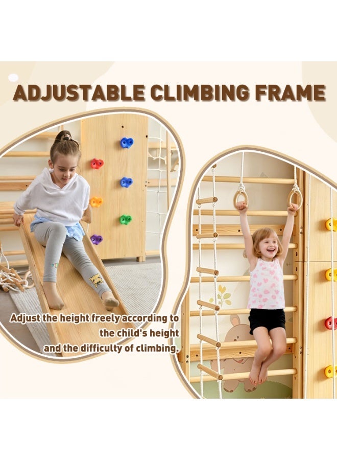 MaBaby Wooden Swedish Ladder Wall Set, 9-in-1 Indoor Jungle Gym for Kids & Adults, Montessori Climbing Frame with Rock Climbing Wall, Rope Ladder, Gymnastic Rings, Climbing Net, Swing, Sturdy Wooden Stall Bar Home Gym Playground Equipment for Toddlers & Teens - Image 5