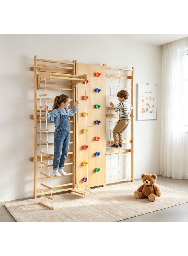 MaBaby Wooden Swedish Ladder Wall Set, 9-in-1 Indoor Jungle Gym for Kids & Adults, Montessori Climbing Frame with Rock Climbing Wall, Rope Ladder, Gymnastic Rings, Climbing Net, Swing, Sturdy Wooden Stall Bar Home Gym Playground Equipment for Toddlers & Teens - Image 3