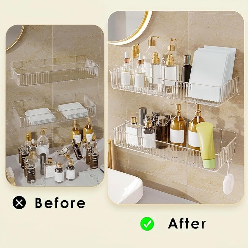 KASTWAVE Shower Organizer, KASTWAVE 2 Pack Hanging Shower Caddy Wall Mounted, Adhesive Clear Acrylic Shelf, No Drilling, No Damage Wall, for Bathroom, Pantry, Kitchen, Utility Room (12 x 4.4 x 2.5 inch) - Image 2