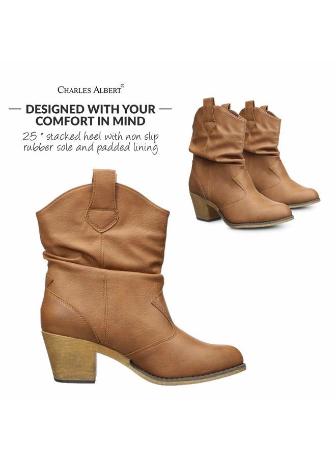 Charles Albert Modern Western Cowboy Boots for Women Ladies Stacked Heel Ankle Cowgirl Boots with Pull-Up Tabs in Cognac Size 9 - Image 3