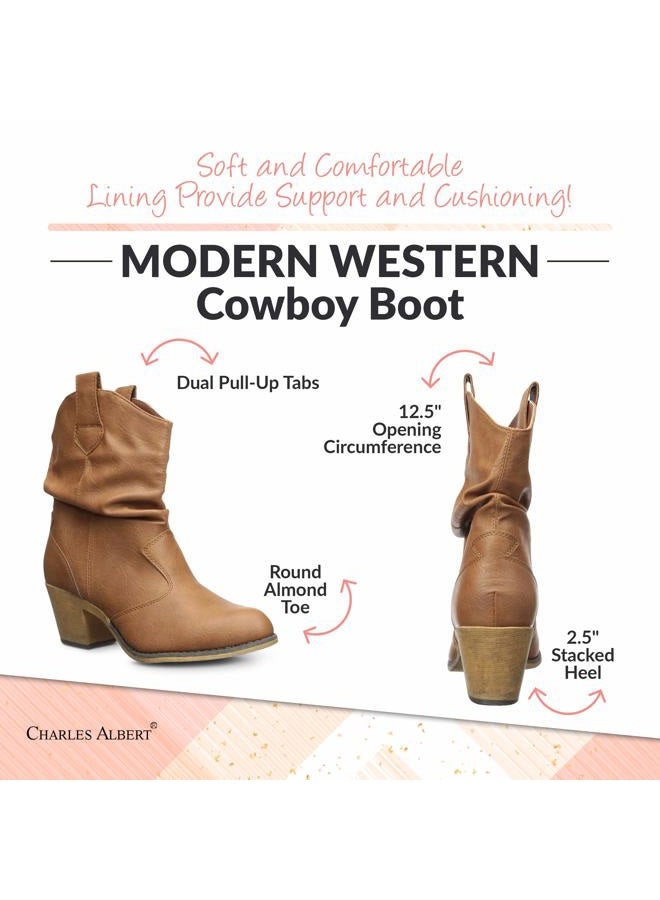 Charles Albert Modern Western Cowboy Boots for Women Ladies Stacked Heel Ankle Cowgirl Boots with Pull-Up Tabs in Cognac Size 9 - Image 2