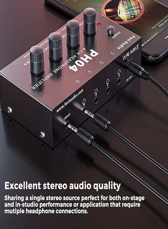 Fosi Audio مضخم صوت سماعة فوسي أوديو PH04 4 قنوات مع محول طاقة 12V 1A، مضخم صوت ستيريو فائق الصغر ومحمول لتقسيم السماعات للاستوديو والمسرح - Image 4