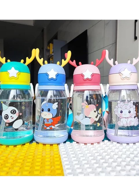 Acrylic Water Bottle For Children With A Cartoon Print And A Large Deer Antler, Portable, Break-Resistant, With A Straw And A Belt, Used In Outdoor Activities, Camping, School And Trips, Capacity Of 600 Ml, Healthy (Multi-Colored)