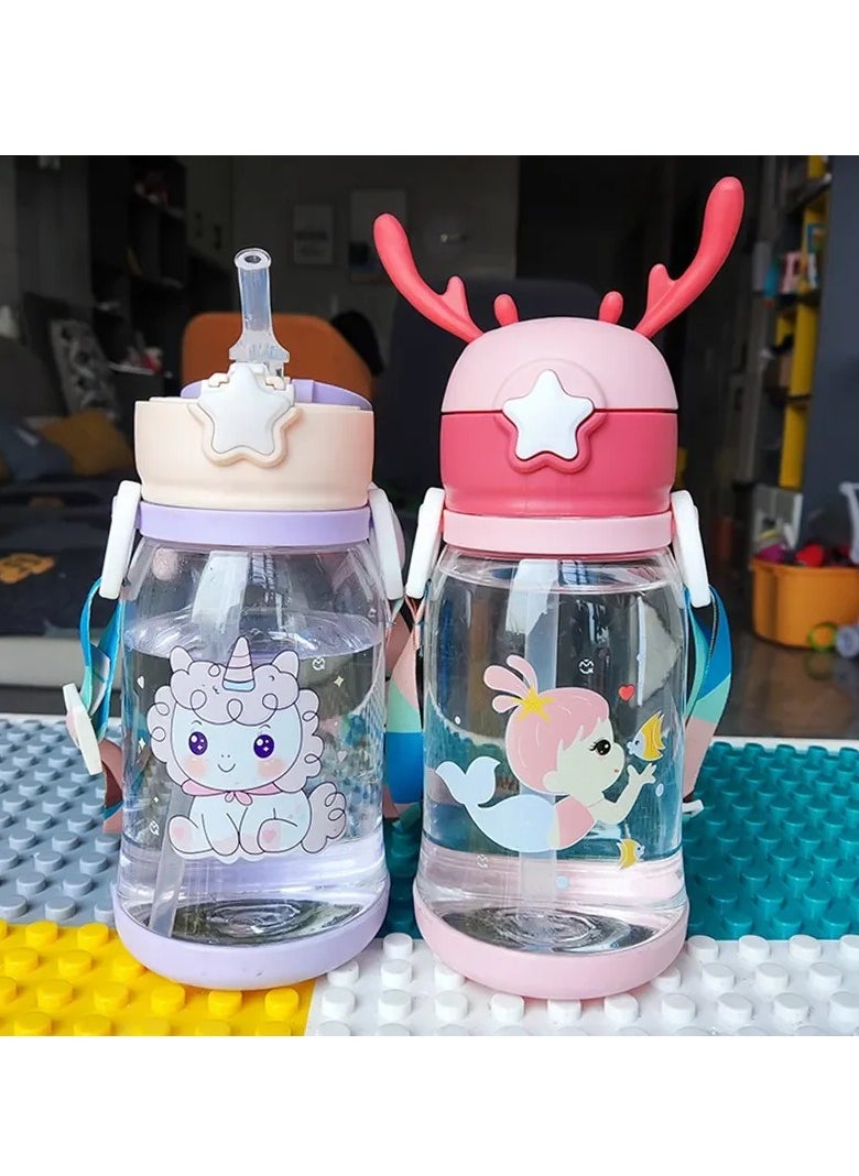 Generic - Acrylic Water Bottle For Children With A Cartoon Print And A Large Deer Antler, Portable, Break-Resistant, With A Straw And A Belt, Used In Outdoor Activities, Camping, School And Trips, Capacity Of 600 Ml, Healthy (Multi-Colored) - Image 1