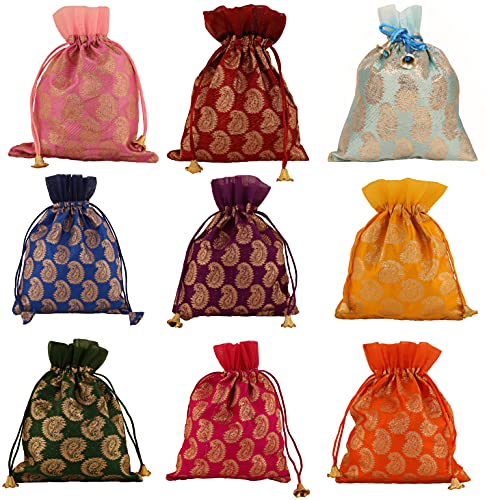 Touchstone Drawstring Bags Traditional Indian Handcrafted in Paisley Pattern Brocade fabric Perfect for Gifts Jewelry Weddings Sweet Distribution Set of 9 Vibrant Multicolor Pouches Purses Potli - Image 1