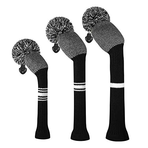 Scott Edward Knit Golf Club Cover Set of 3 Black and White Dot Fish Scale Pattern Protect Driver Wood(460cc) Fairway Wood and Hybrid/UT with Rotating Club Number Tags - Image 1
