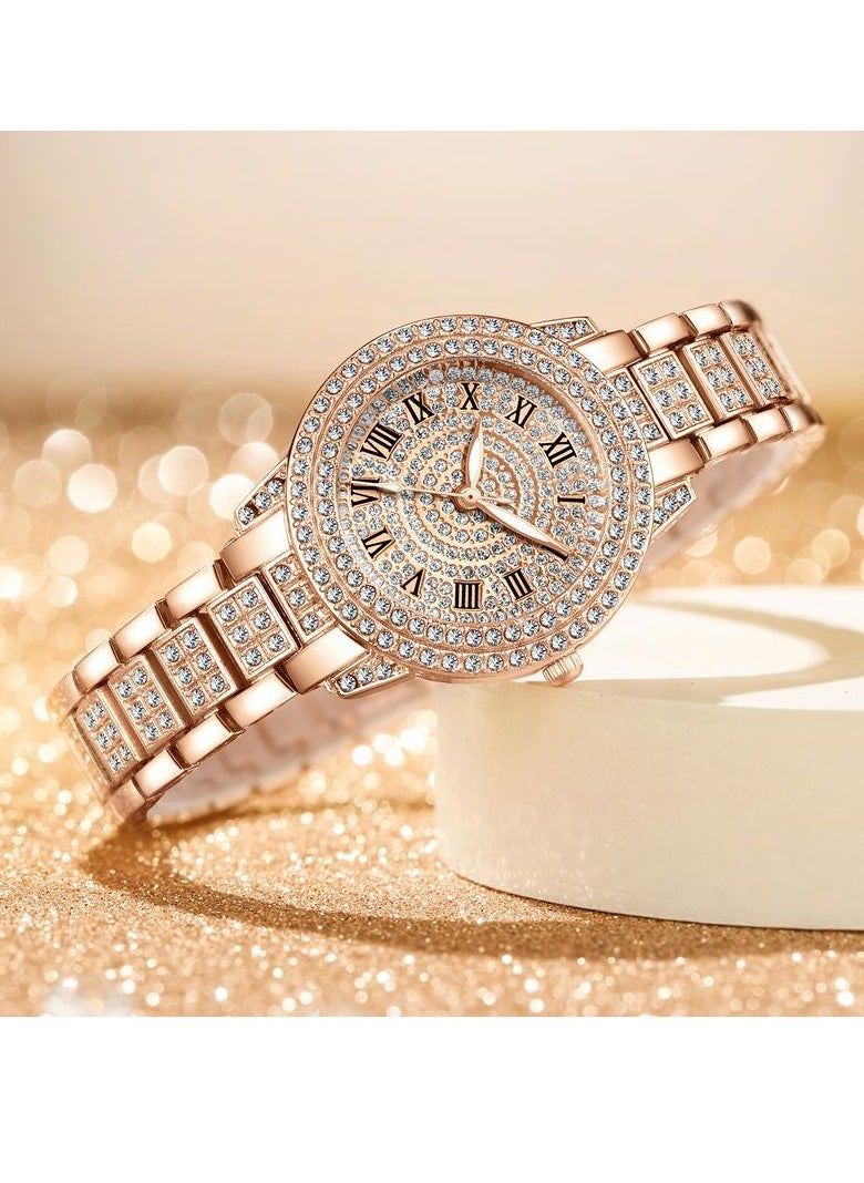 GELESE - New fashion trend diamond full diamond Roman pattern ladies watch bracelet rose gold - Image 1