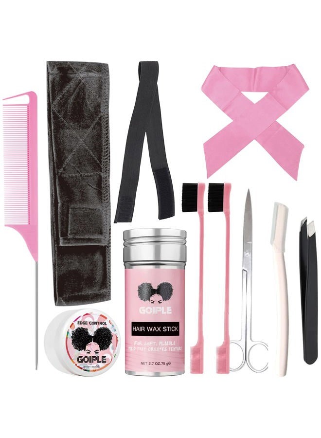 Goiple 11 PCS Wig Kit for Lace Front Wigs for Beginners, Hair Wax Stick Lace Melting Elastic Band for Wigs, Edge Laying Scarf, Eyebrow Razor, Tweezer, Edge Brush, Wig Band, Mini Scissor, Comb (Black) - Image 1