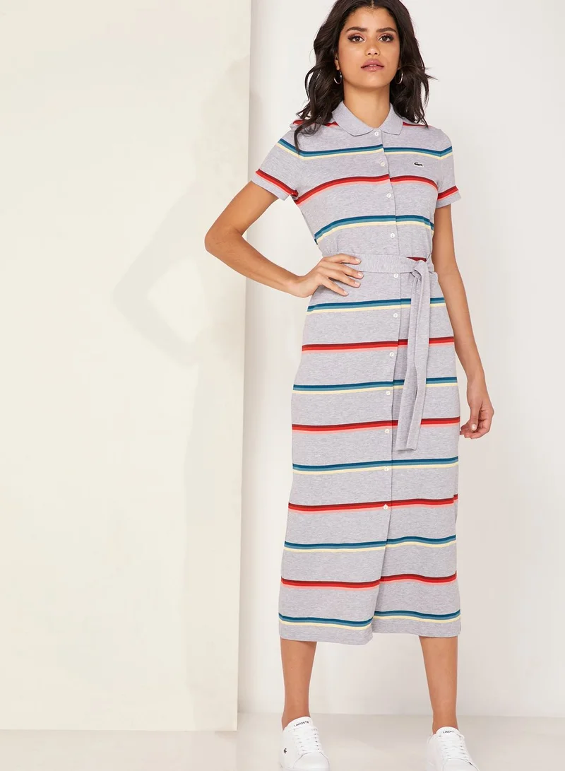 LACOSTE Striped Logo Polo Maxi Dress