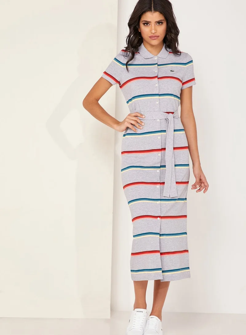 LACOSTE Striped Logo Polo Maxi Dress