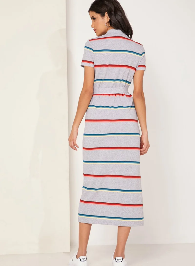 LACOSTE Striped Logo Polo Maxi Dress