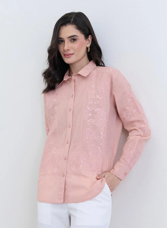 Styli Pink Embroidered Regular Fit Shirt