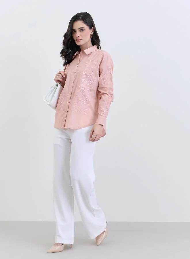 Styli Pink Embroidered Regular Fit Shirt