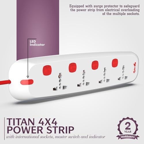 Fybros Titan 4X4 Extension Cord,Power Strip with International Sockets Extension Board,Individual Switch,10 AMP Output, 2 Year Warranty, 2 Meter Heavy Duty Cable, Surge and Spike Guard - Made In India - Image 2