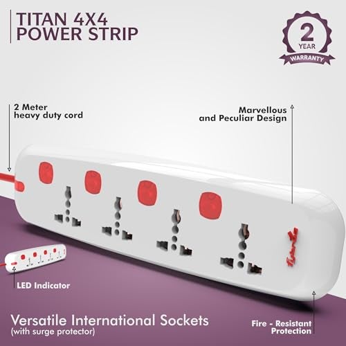 Fybros Titan 4X4 Extension Cord,Power Strip with International Sockets Extension Board,Individual Switch,10 AMP Output, 2 Year Warranty, 2 Meter Heavy Duty Cable, Surge and Spike Guard - Made In India - Image 4