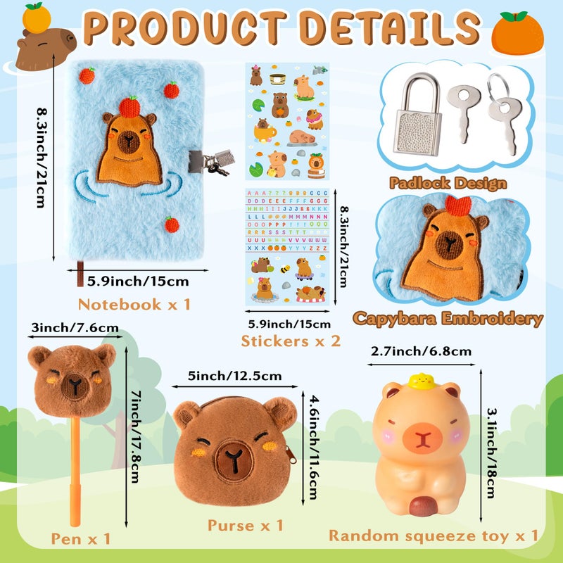 CY2SIDE 6PCS Capybara Diary with Lock and Keys for Kids, Fun Animal Plush Secret Journal Diary Journal Set with Notebook Pen Sticker Squeeze Toy and Purse, Idea Birthday Velentines Gift for Teen Girls - Image 2